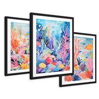 Zestaw obrazy w ramie 50x70 galeria - morze, rybki, akwarela, rafa, koralowa - rama czarna
