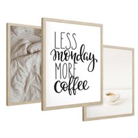 Zestaw obrazy w ramie 50x70 galeria - Kawa, łóżko, pościel, minimalizm - rama drewno