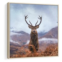 Obraz w ramie 50x50 - Jeleń w Uśpionym Krajobrazie - jeleń na tle gór, ośnieżone góry - rama drewno