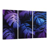 Obraz na płótnie 120x80 - Mroczna Magia Dżungli - mroczna grafika, fioletowe liście monstery na czarnym tle