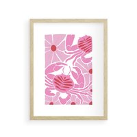 Plakat w ramie 40x50 - Roztańczone Kraby - różowe kwiaty i kraby, abstrakcyjna kompozycja - rama drewno