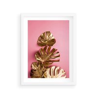 Plakat w ramie 40x50 - Złote Liście Monstery: Delikatność na Różowym Tle - złote liście monstery, różowe tło - rama biała