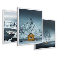 Zestaw obrazy w ramie 50x70 galeria - Norwegia, skandynawski, domek, góry - rama biała