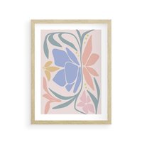 Plakat w ramie 50x70 - Pastele Kwiatowych Plam - pastelowe kwiaty, na beżowym tle - rama drewno