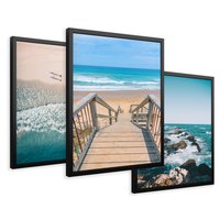 Zestaw obrazy w ramie 50x70 galeria - Plaża, morze, fale, boho - rama czarna