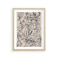 Plakat w ramie 40x50 - Kobiecy Portret Duszy - beżowe tło, czarny szkic nowoczesnych kwiatów - rama drewno