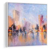 Obraz w ramie 50x50 - Miasto Refleksji - olejna panorama miasta w oddali, wiezowce odbijają się w rzece - rama biała