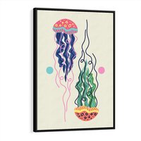 Obraz w ramie 70x100 - Morskie Pulsacje - nowoczesny optymistyczny plakat, kolorowe meduzy - rama czarna