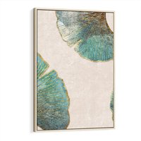 Obraz w ramie 70x100 - Złota Melodia Liści - złote, turkusowe liście miłorzębu - rama drewno