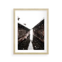 Plakat w ramie 40x50 - Spadający Śnieg - domek górski, w zimie - rama drewno