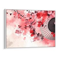 Obraz w ramie 120x80 - Szept Kwitnącej Wiśni - japoński parasol, liście - rama biała
