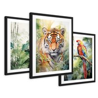 Zestaw obrazy w ramie 40x50 galeria - tropiki, liście, tygrys, papuga, dżungla - rama czarna