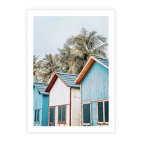 Plakat bez ramy 50x70 - Rajskie Wakacje - domki na plaży, błękitne domki
