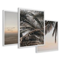 Zestaw obrazy w ramie 40x50 galeria - Palmy, plaża, zachód, słońca - rama biała