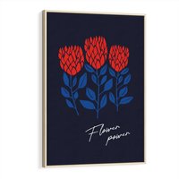Obraz w ramie 70x100 - Podróżne Barwy - czerwone abstrakcyjne kwiaty, granatowe tło - rama drewno
