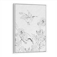 Obraz w ramie 70x100 - Tropiki w Monochromie - czarno biały szkic, tropikalne ptaki - rama biała