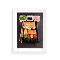 Plakat w ramie 50x70 - Kulinarne podróże do Japonii - sushi, japonia - rama biała