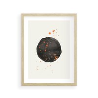 Plakat w ramie 40x50 - Wibracje Kolorów - abstrakcyjna czarna plama, rozsiane pomarańczowe kropki - rama drewno