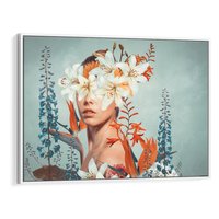 Obraz w ramie 120x80 - Kwiatowa Enklawa Uroku - kolaż, nierealna kompozycja - rama biała