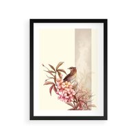 Plakat w ramie 30x40 - Kwiatowe Zanurzenie - japońska sztuka, ptak - rama czarna