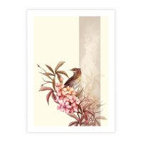 Plakat bez ramy 21x30 - Kwiatowe Zanurzenie - japońska sztuka, ptak