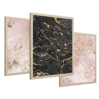 Zestaw obrazy w ramie 50x70 galeria - Marmur, złoto, róż, czerń - rama drewno