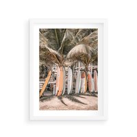 Plakat w ramie 50x70 - Surfingowy Raj - deski surfingowe, na plaży - rama biała