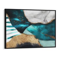 Obraz w ramie 100x70 - Rozlane Turkusy - Turkusowe plamy, złote elementy - rama czarna