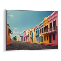 Obraz w ramie 120x80 - Ekspresja marzeń i tęsknot - pastelowe kolorowe budynki, wzdłuż ulicy - rama biała