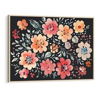 Obraz w ramie 100x70 - Labirynty melancholii - akwarelowe, pastelowe kwiaty na czarnym tle - rama drewno