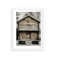 Plakat w ramie 40x50 - Stary Drewniany Dom w Śniegu - stary drewniany dom, zima - rama biała