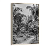 Obraz w ramie 70x100 - Mroczna Ścieżka Tropików - czarno biała fotografia, ścieżka pośród palm - rama drewno