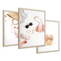 Zestaw obrazy w ramie 30x40 galeria - Wakacje, klapki, torba, moda - rama drewno