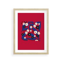 Plakat w ramie 50x70 - Kolorowe Przenikanie - abstrakcyjna kwiatowa kompozycja, czerwone mocne tło - rama drewno