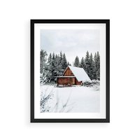 Plakat w ramie 50x70 - Ujęcie zimy w Górach - domek w górach w zimie, śnieg - rama czarna