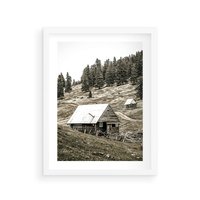 Plakat w ramie 50x70 - Ustronne Chatki w Górach - rustykalne domki w górach, sepia - rama biała