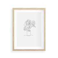 Plakat w ramie 50x70 - Tajemnicza Harmonia - sztuka one line, monstera - rama drewno