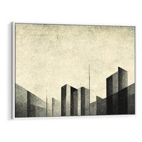 Obraz w ramie 120x80 - Mroczne Wieżowce - postarzana grafika, perspektywa budynków wieżowców - rama biała