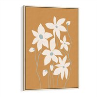 Obraz w ramie 70x100 - Kwiatowy Spektakl - minimalistyczne kwiaty, na pomarańczowym tle - rama drewno