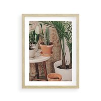 Plakat w ramie 50x70 - Boho Oaza: Kaktusy w Doniczkach - rośliny kaktusy w doniczkach, boho wnętrze - rama drewno