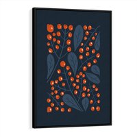 Obraz w ramie 70x100 - Symfonia liści i owoców - granatowe tło, pomarańczowe owoce jarzębiny - rama czarna
