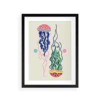 Plakat w ramie 30x40 - Morskie Pulsacje - nowoczesny optymistyczny plakat, kolorowe meduzy - rama czarna
