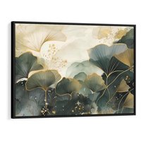 Obraz w ramie 70x50 - Natura w Złotym Odcieniu - złote elementy, liście miłorzębu japońskiego - rama czarna