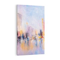 Obraz na płótnie 80x120 - Miasto Refleksji - olejna panorama miasta w oddali, wiezowce odbijają się w rzece