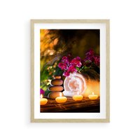 Plakat w ramie 50x70 - Relaksujące spa z płonącymi świecami - spa, świece - rama drewno