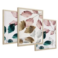 Zestaw obrazy w ramie 30x40 galeria - Liście, srebrne, złote, minimalizm - rama drewno