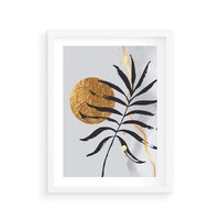 Plakat w ramie 40x50 - Grafika z Czarnym Liściem Palmy - czarny liść palmy, złóte kołó - rama biała