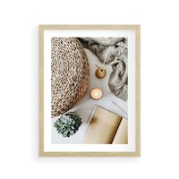 Plakat w ramie 50x70 - Przytulna Kompozycja Lifestyle - kompozycja lifestyle, wiklina - rama drewno