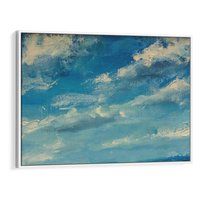 Obraz w ramie 100x70 - Oddechy niebiańskiej materii - olejny obraz, smugi farby przypominają obłoki na błękitnym niebie - rama biała