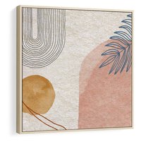 Obraz w ramie 80x80 - Liście i Geometrie - nowoczesny, akwarelowe plamy - rama drewno